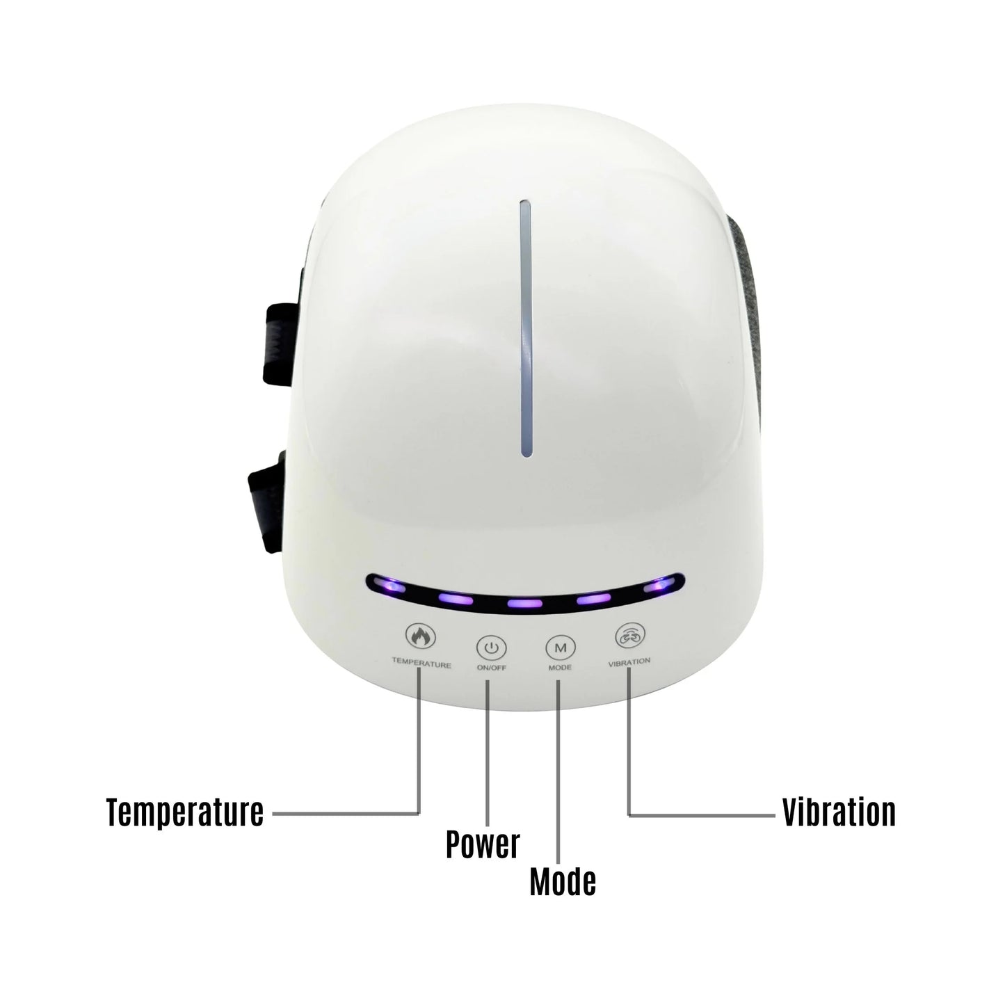 VO25 knee massage showing device control panel of a device with labeled buttons on a white background