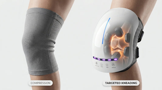 Comparison image showing a compression knee sleeve beside the VO25 knee massager with targeted kneading