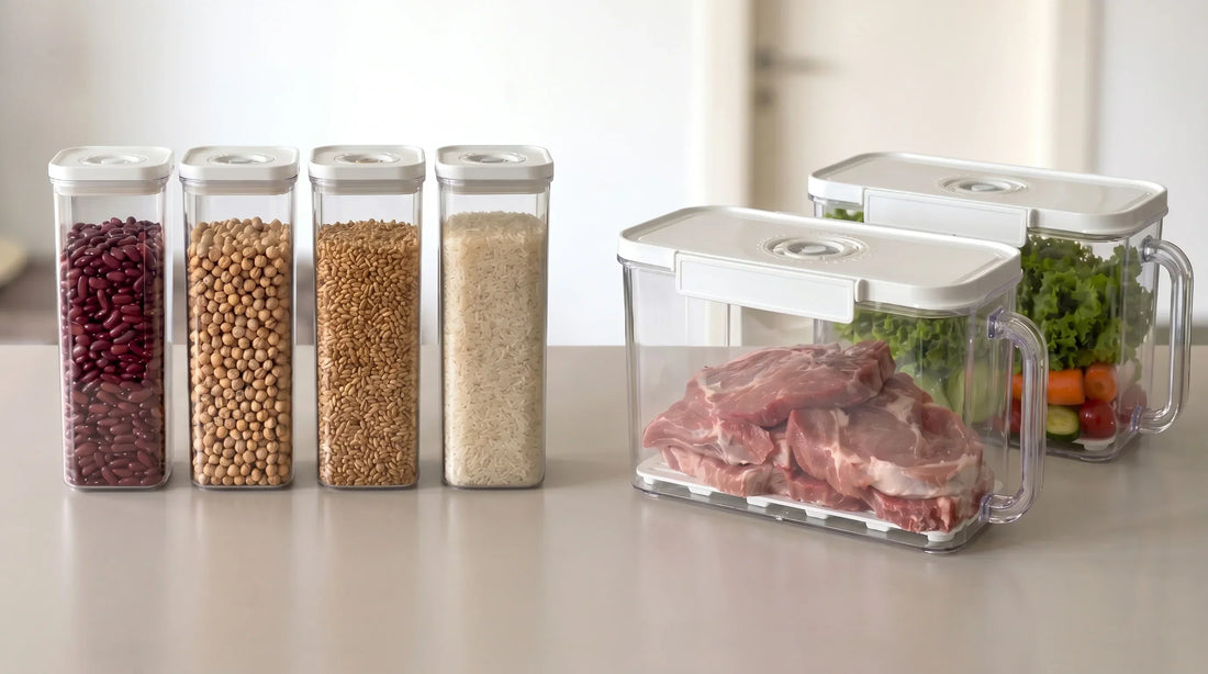 VO Food Container vacuum food storage containers with meat, vegetables, and dry food for everyday kitchen storage