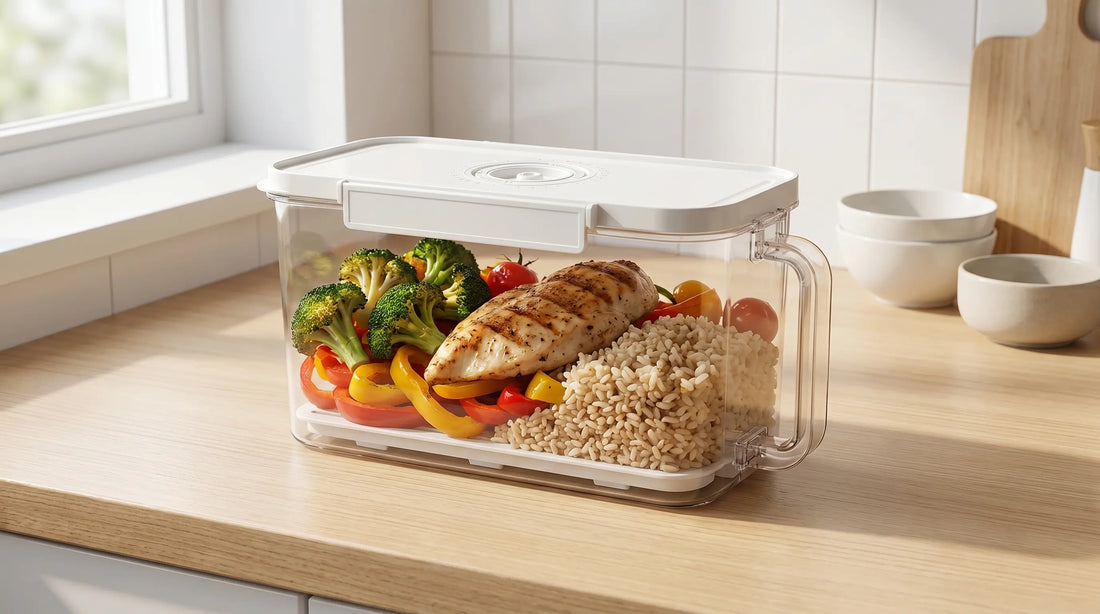 VO Food Container with chicken, rice, and vegetables on a kitchen counter for meal prep storage