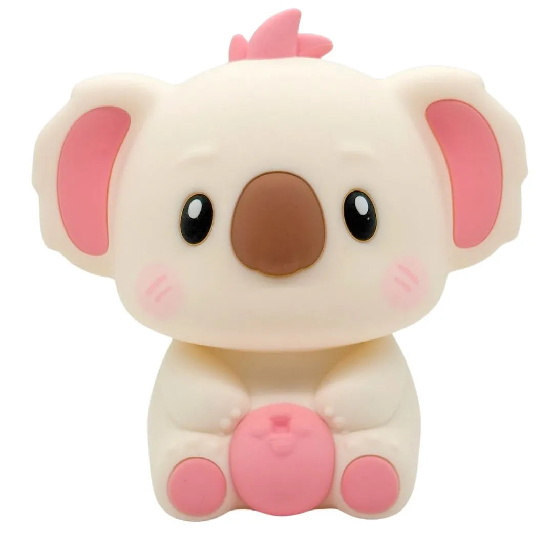 Cute pastel pink cartoon koala figurine with round features on a white background.