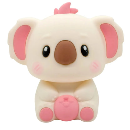 Cute pastel pink cartoon koala figurine with round features on a white background.
