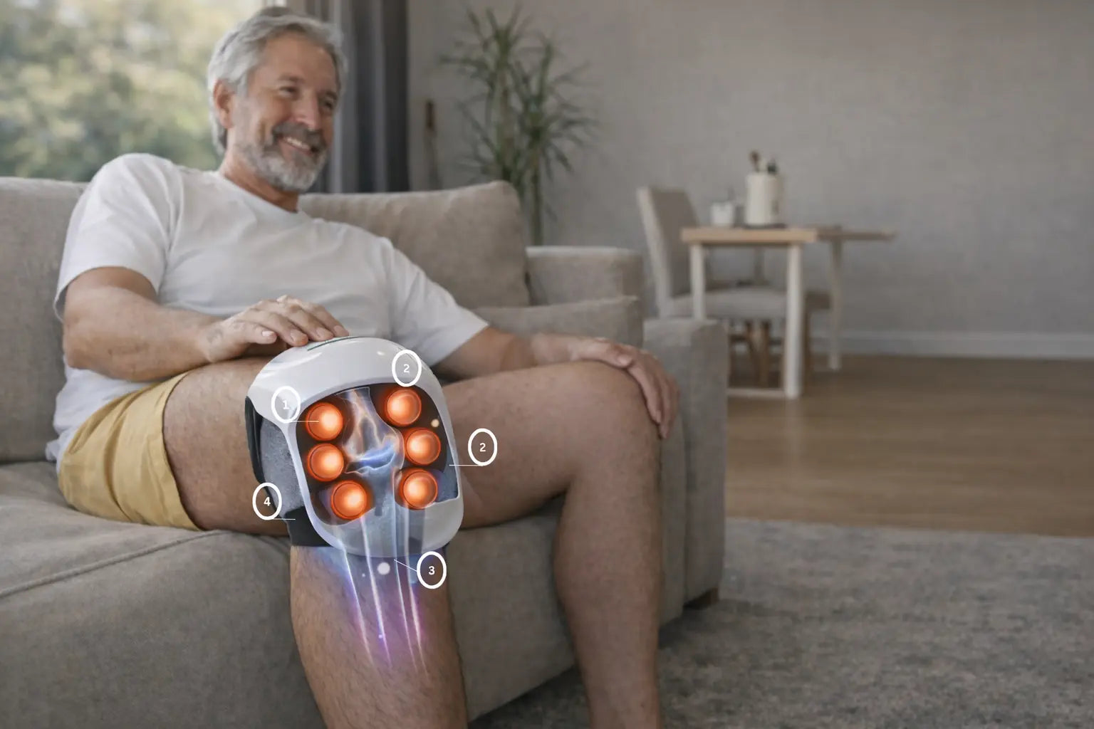 Person using VO25 cordless heated knee massager at home for knee comfort