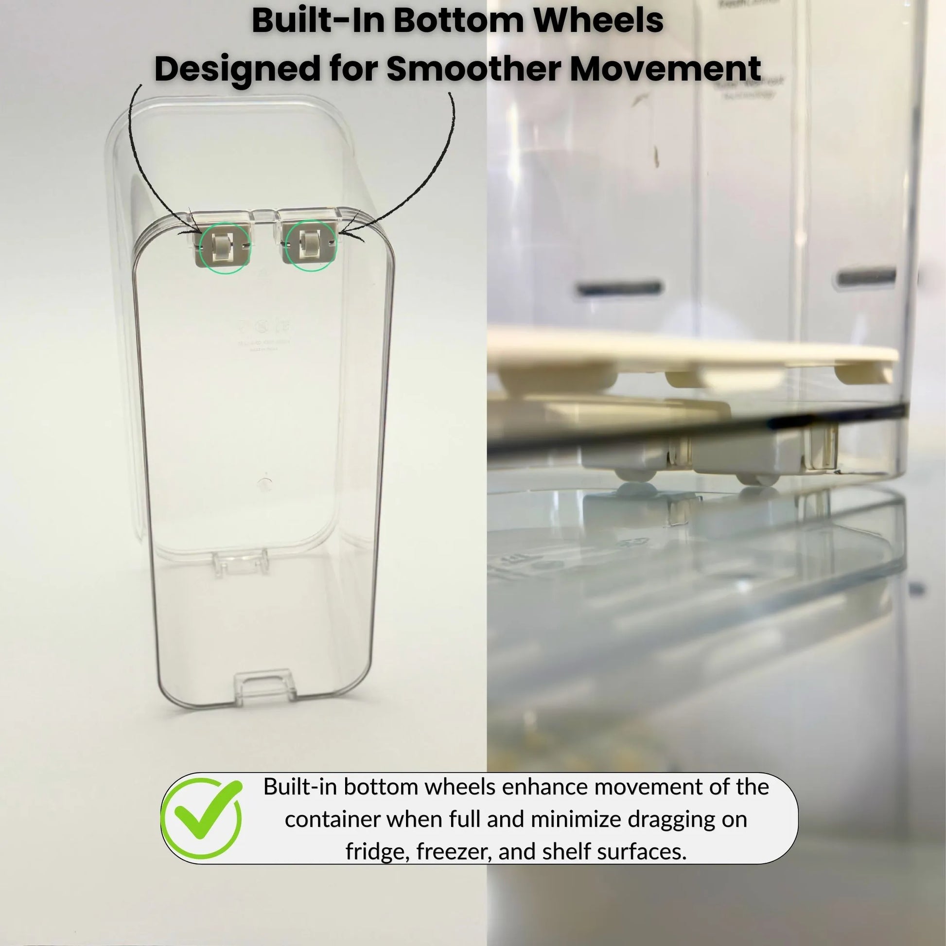 Clear airtight food storage container placed neatly on a pantry or fridge shelf