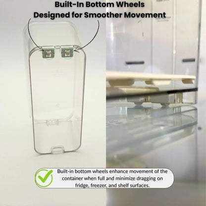 Clear airtight food storage container placed neatly on a pantry or fridge shelf