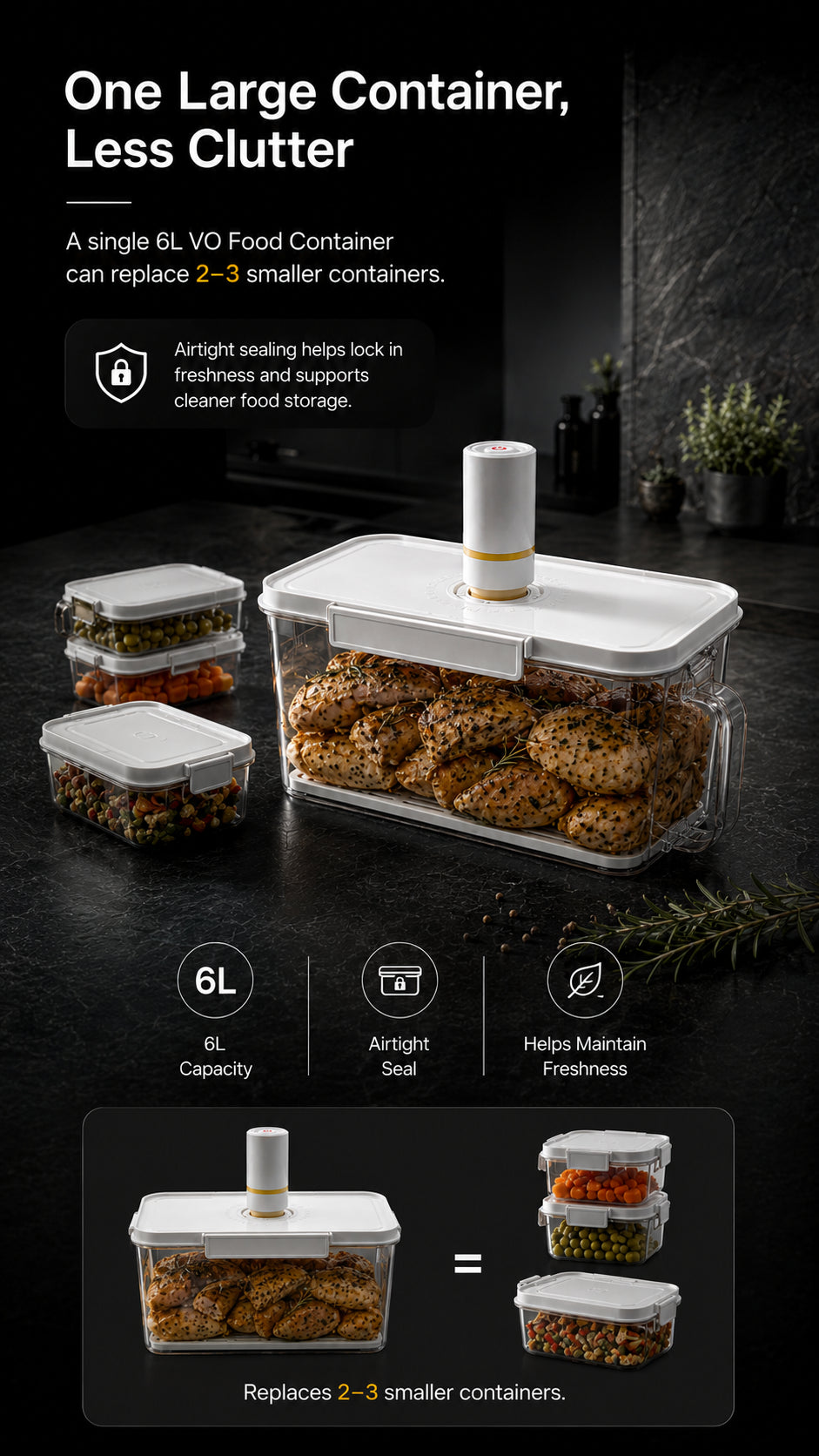 Vonthya VO Food Container large-capacity airtight vacuum food storage container shown with cooked chicken beside smaller containers