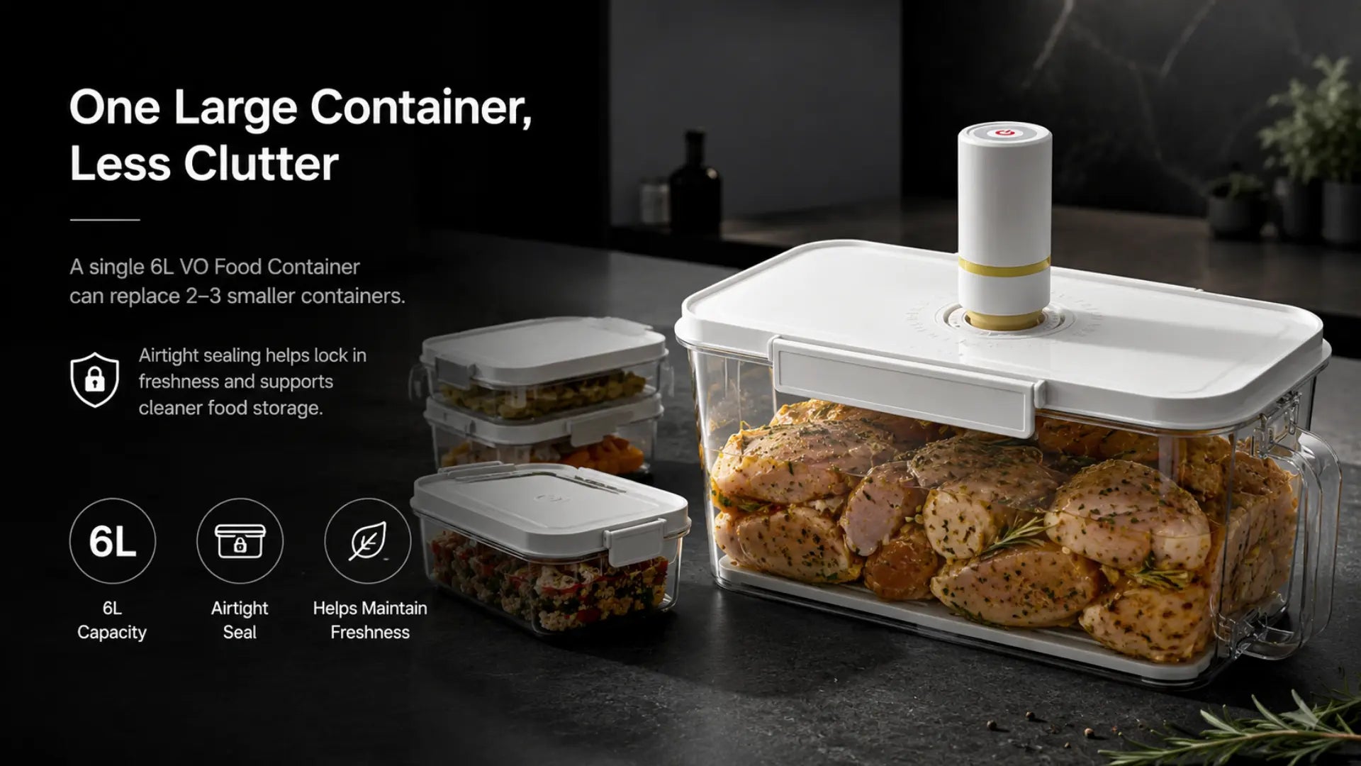 Vonthya VO Food Container large-capacity airtight vacuum food storage container shown with cooked chicken beside smaller containers