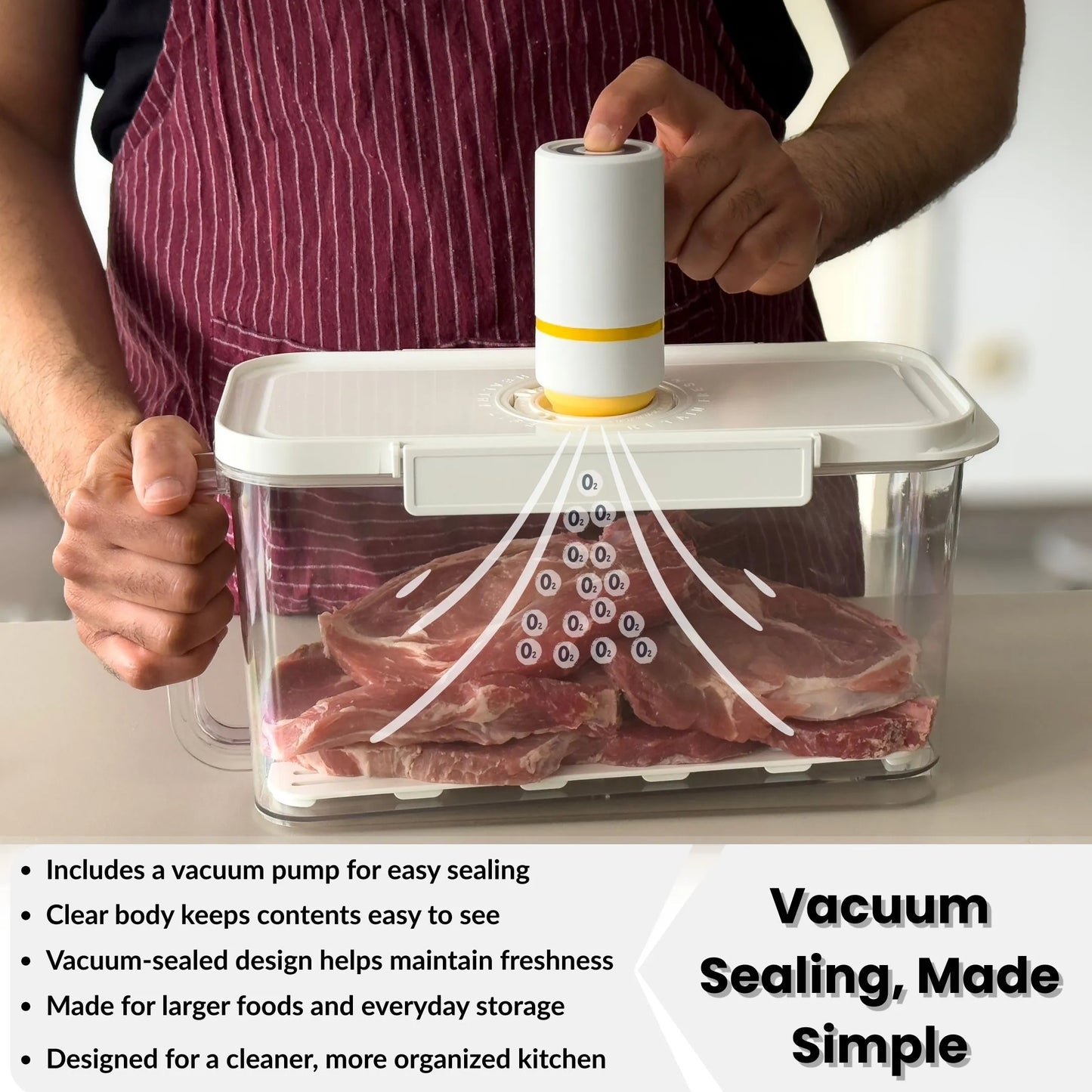 One-touch vacuum seal food storage container with airtight lid for dry food and protein-reach food storage