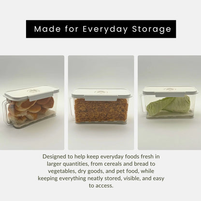 Airtight pantry storage container for cereal, grains, snacks, dry food, wet food and protein-rich food.
