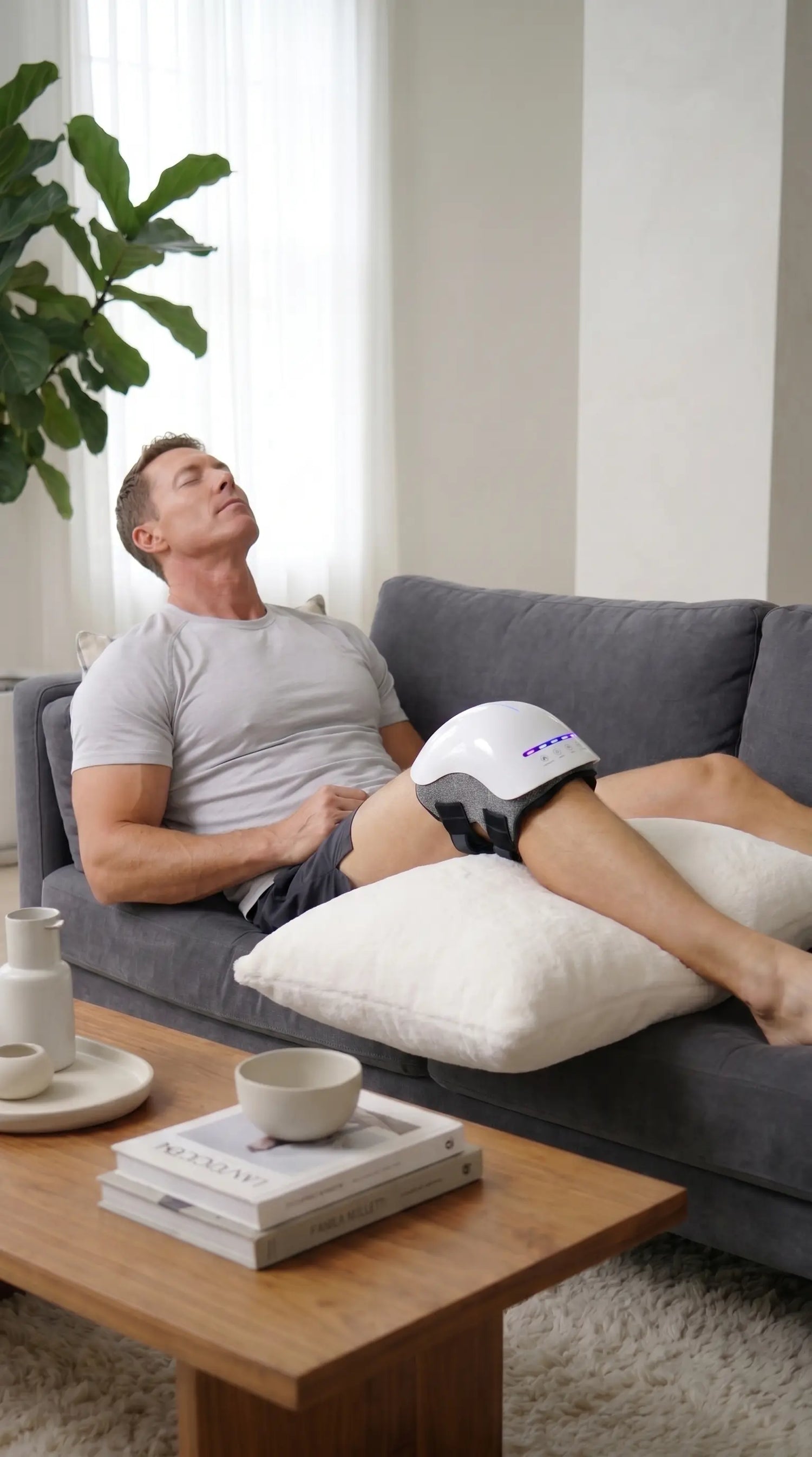 Person relaxing on a sofa while using the VO25 cordless heated knee massager with heat and vibration