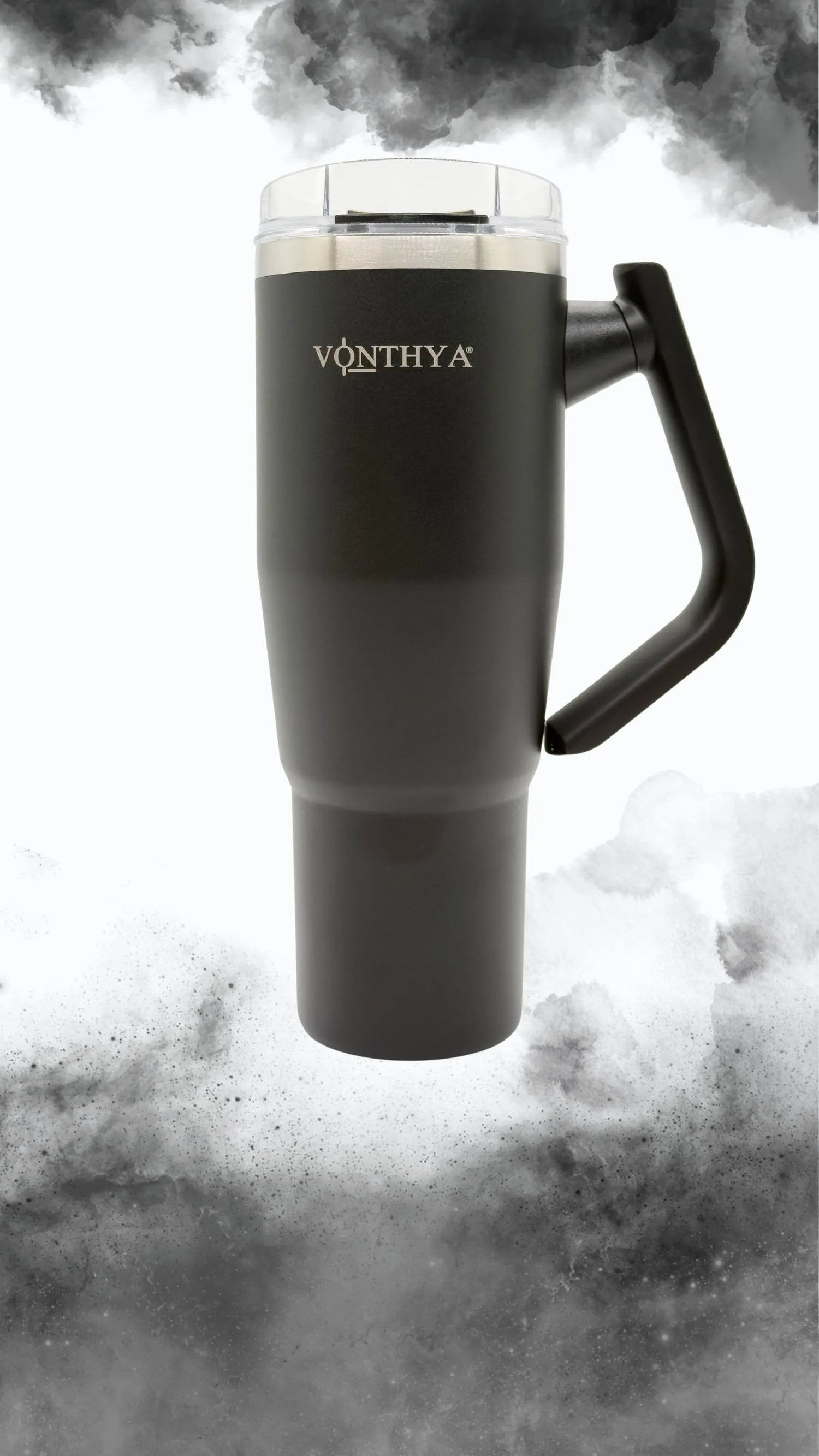 Black insulated tumbler with handle featured in Vonthya mobile homepage hero