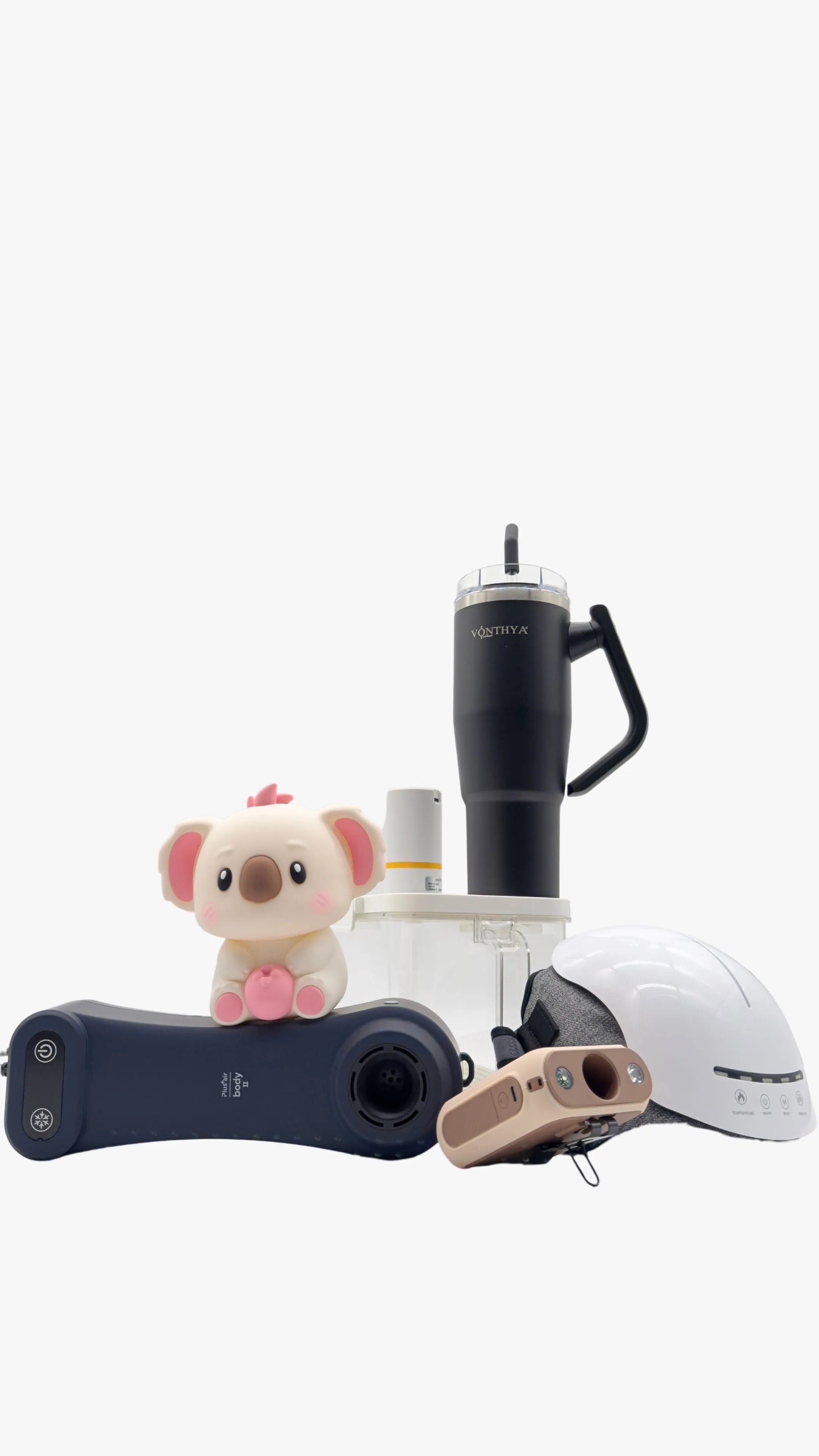Vonthya modern essentials lineup with tumbler, VO25 knee massager, and daily setup accessories.