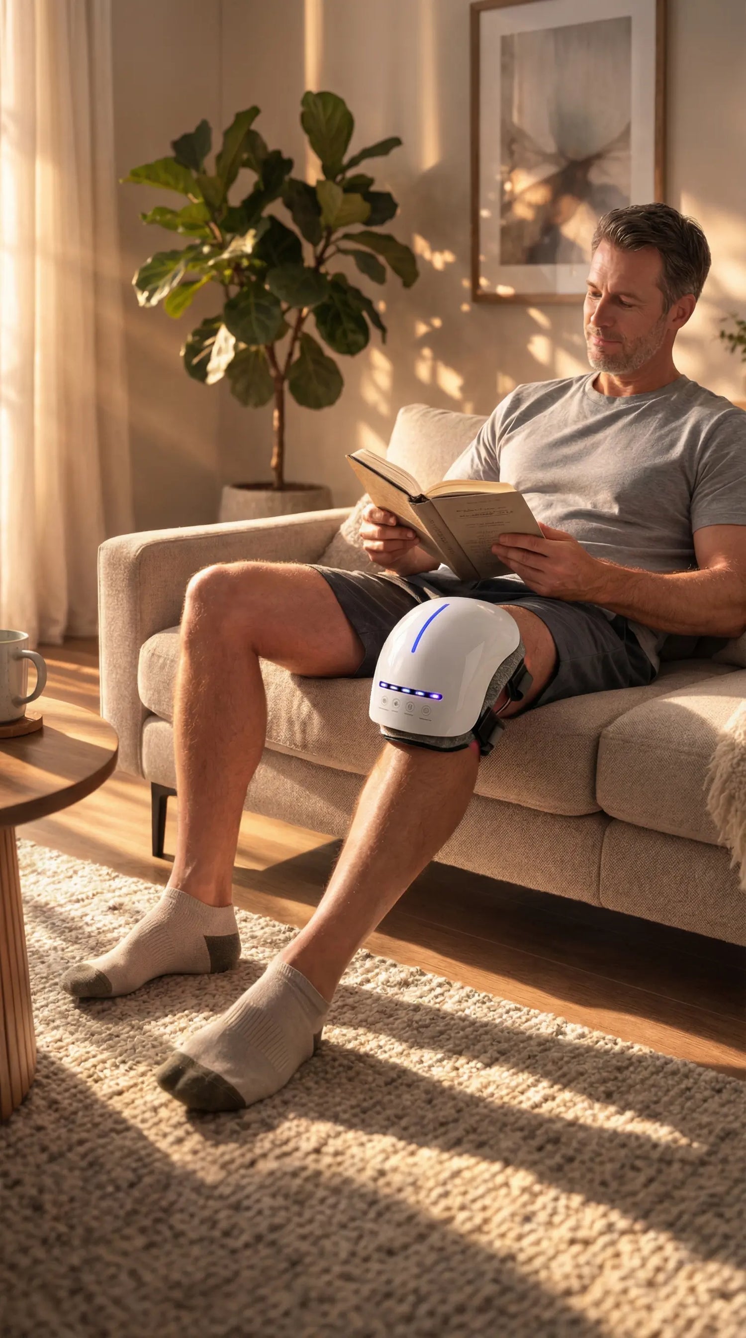 Man relaxing on a sofa using the VO25 heated knee massager in a living room