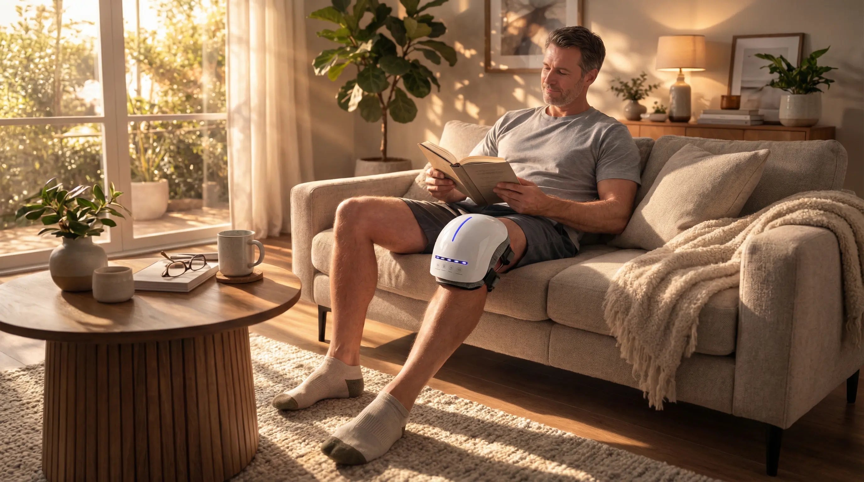 Man relaxing on a sofa using the VO25 heated knee massager in a living room