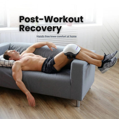 Person using VO25 heated knee massager at home after exercise for post-workout knee comfort