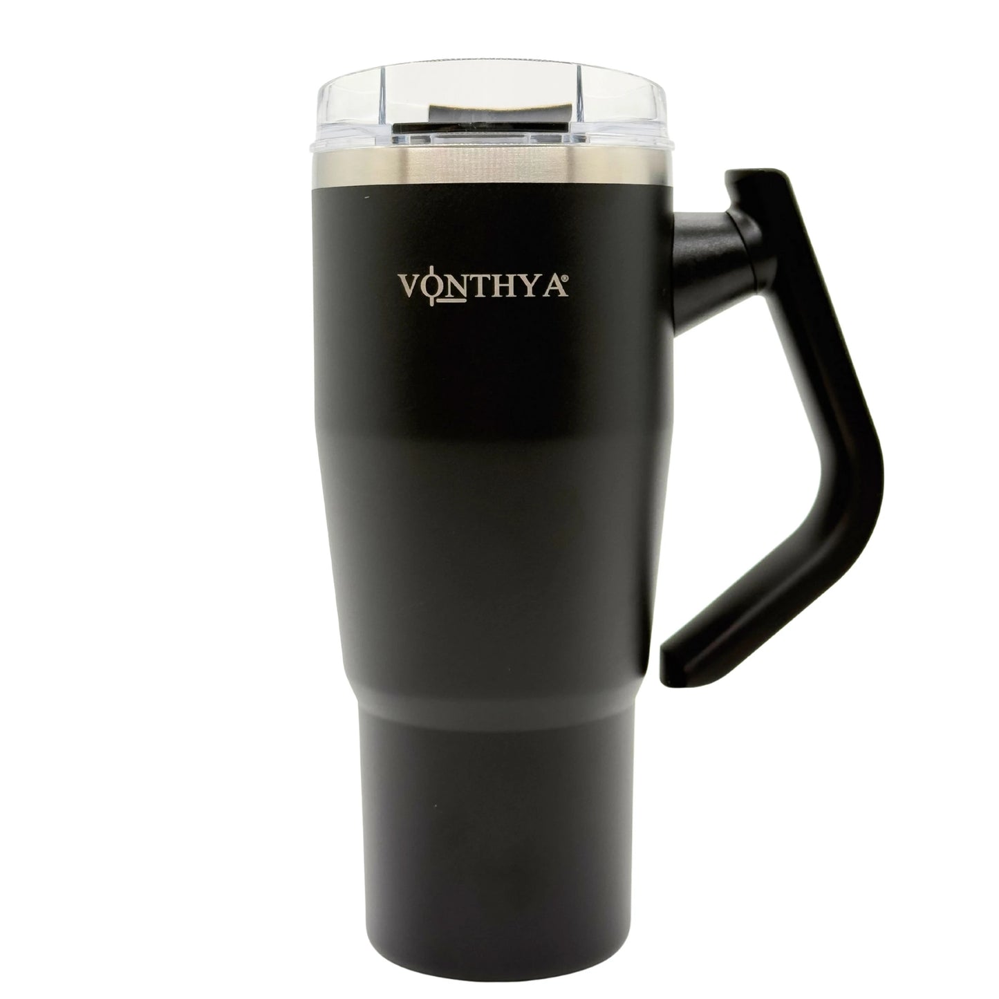 Black insulated travel tumbler with handle and straw lid angle view