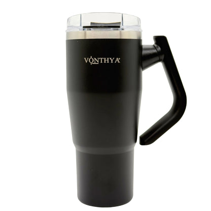 Black insulated travel tumbler with handle and straw lid angle view