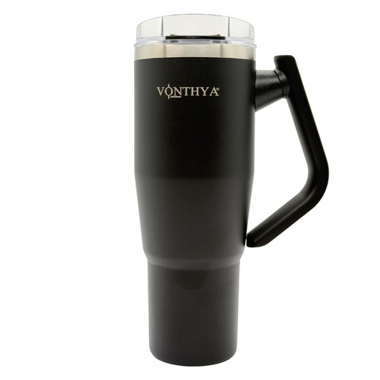 Black insulated tumbler with handle and straw lid front view