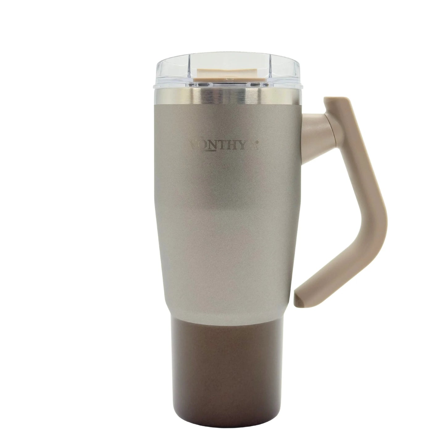 Cream insulated travel tumbler with handle and straw lid front view