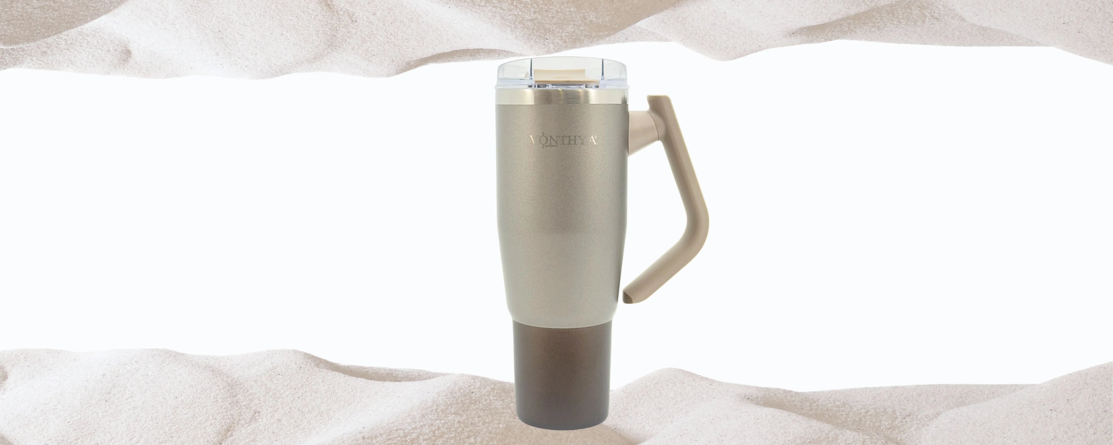 Vonthya Vonu insulated tumbler with handle on neutral sand-style hero banner background