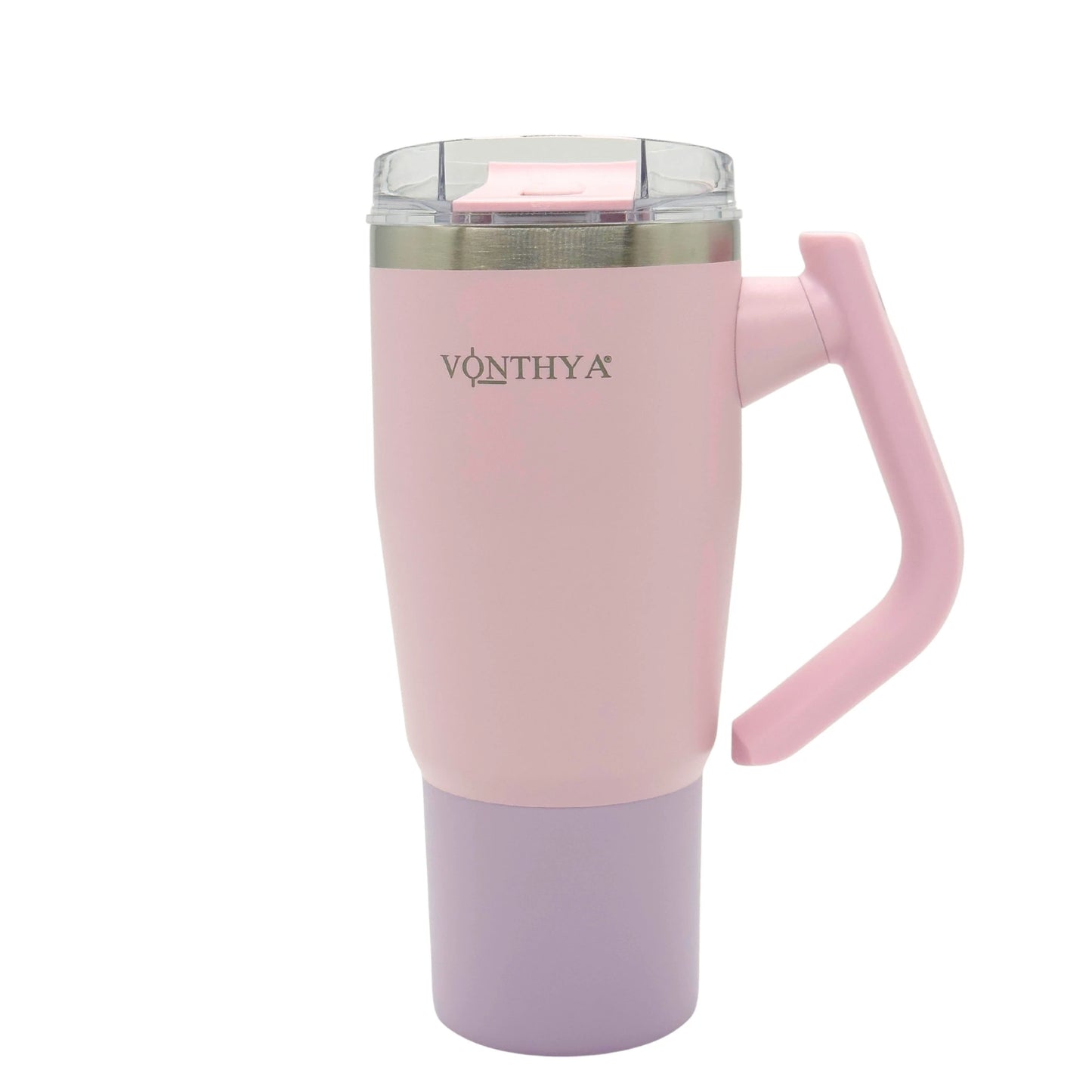 Pink insulated travel tumbler with handle and straw lid angle view