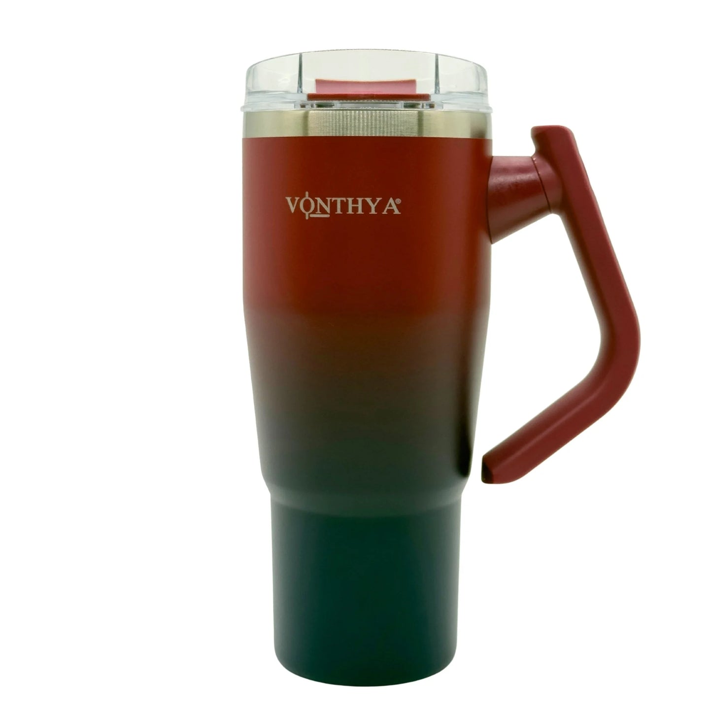 Red and green insulated travel tumbler with handle and straw lid angle view