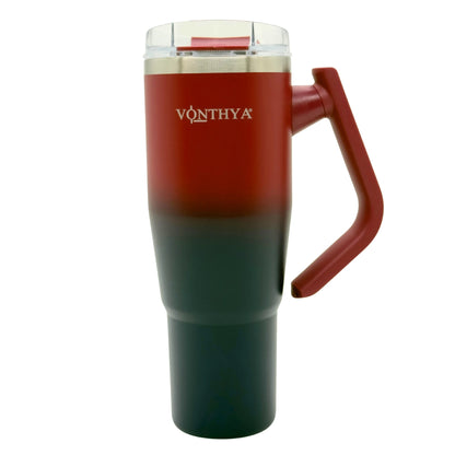Red and green insulated tumbler with handle and straw lid front view