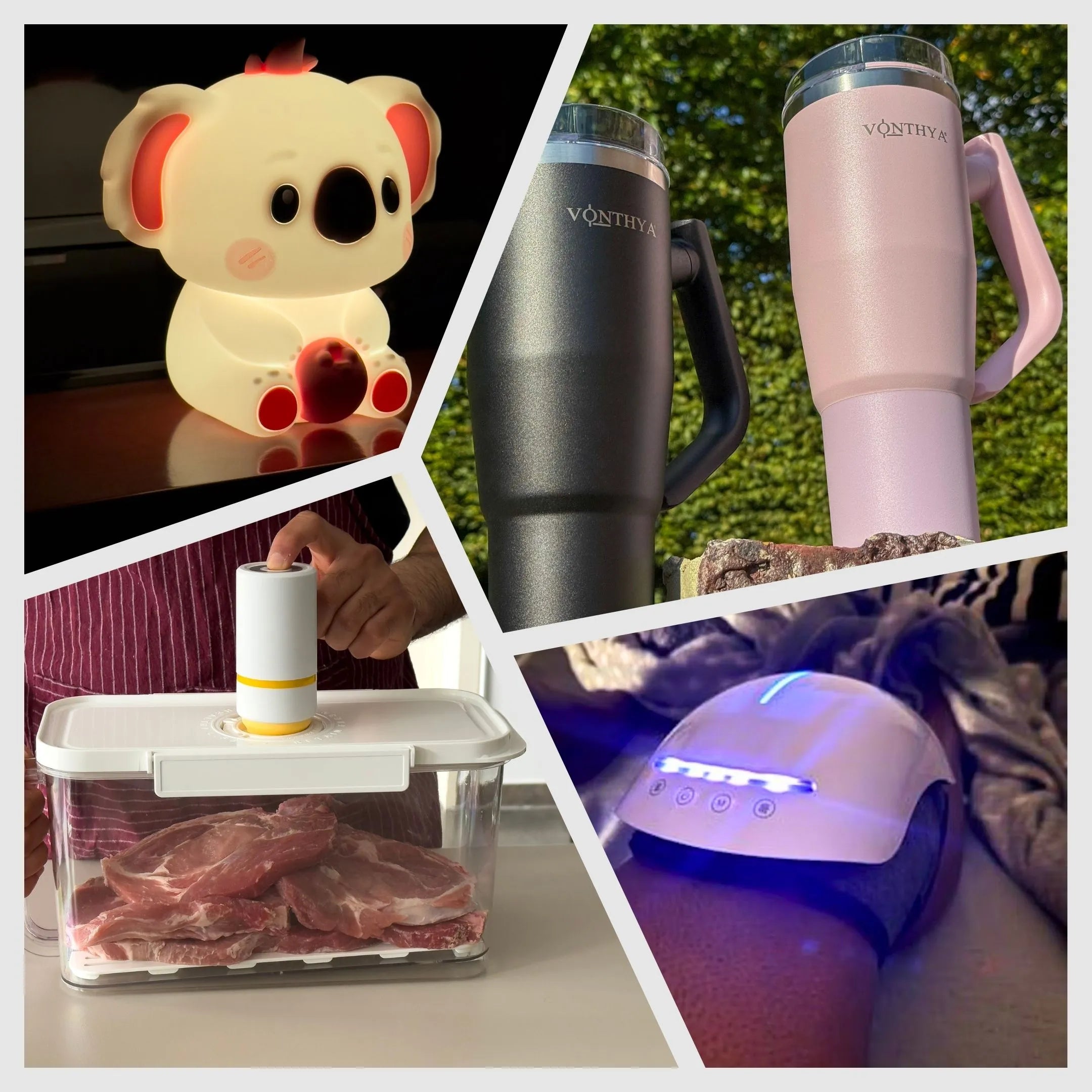 Collage of Vonthya products including a night light, insulated tumblers, vacuum food container and knee massager